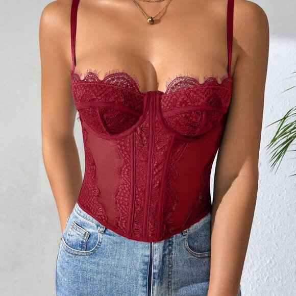 Burgundy Elegant Sexy Women's Bodycon Lace Trim Bustier Top - Picture 4 of 11